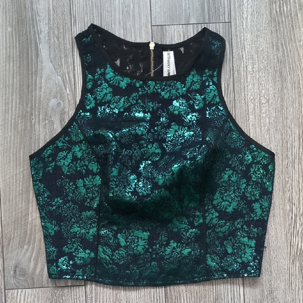 Bethany Mota Emerald Green Floral Jacquard Crop Top S